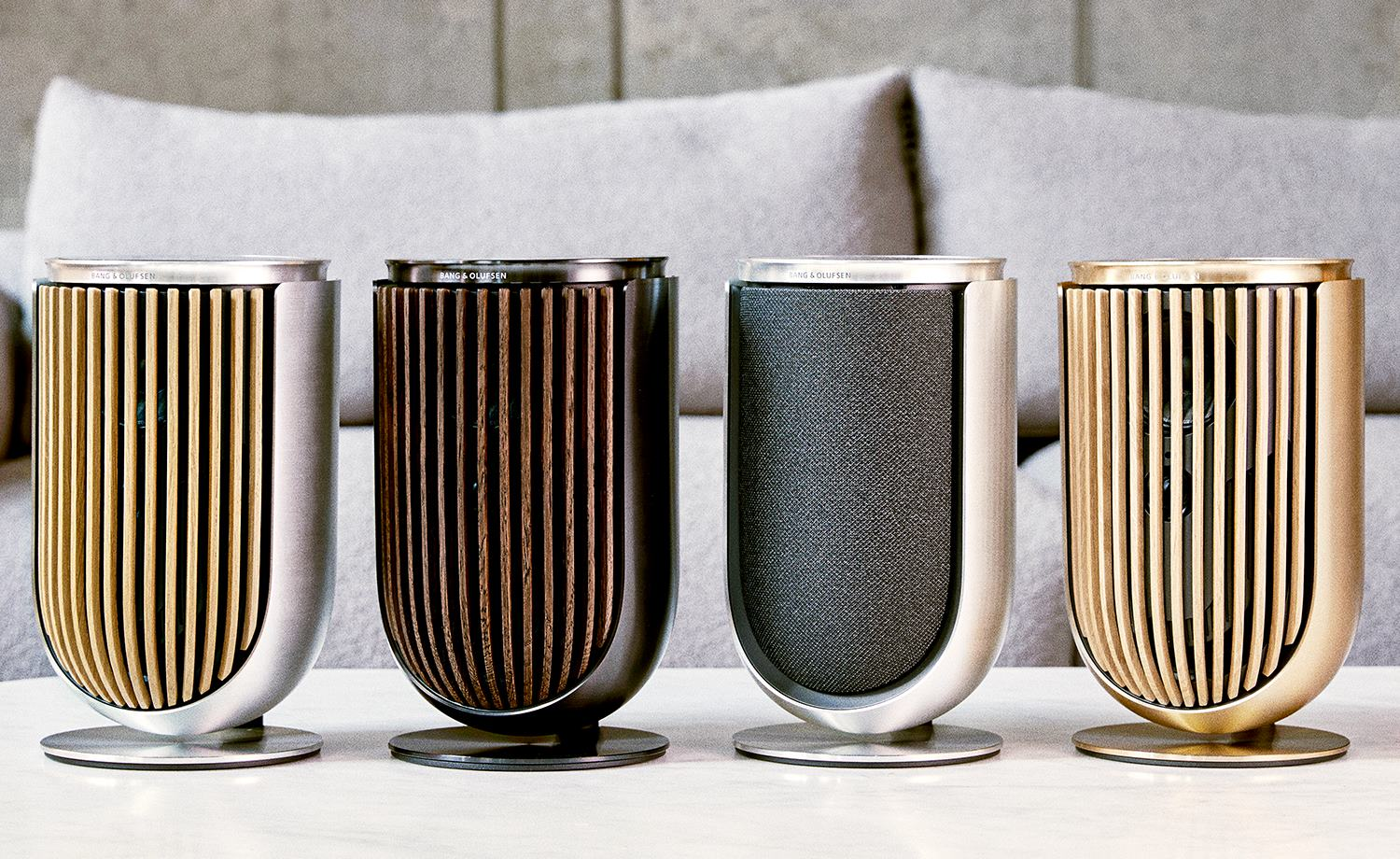 B&O Beolab 8 wireless speakers in four different colors.