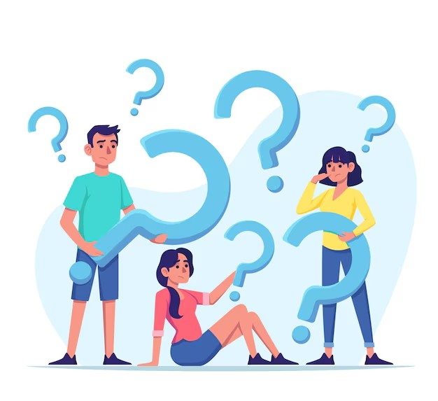 Graphic of three people holding question marks, wondering about how to structure a blog