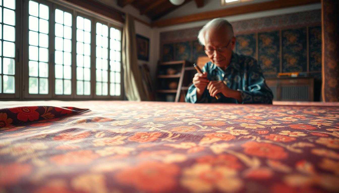 A classical Malaysian batik scene showcasing the intricate techniques of Dato Chuah Thean Teng. In the foreground, delicate floral patterns flow across an expanse of fine, handwoven fabric. Midground, the master artist himself, Dato Chuah, carefully applies vibrant dyes using the traditional tjanting tool, his face reflecting deep contemplation. In the background, an airy studio setting with large windows illuminates the scene, casting a warm, natural light over the vibrant hues. The overall composition radiates a sense of artistry, cultural heritage, and reverence for the craft. Crisp, high-resolution details capture the nuanced textures and subtle color gradients that define Dato Chuah's iconic batik techniques.