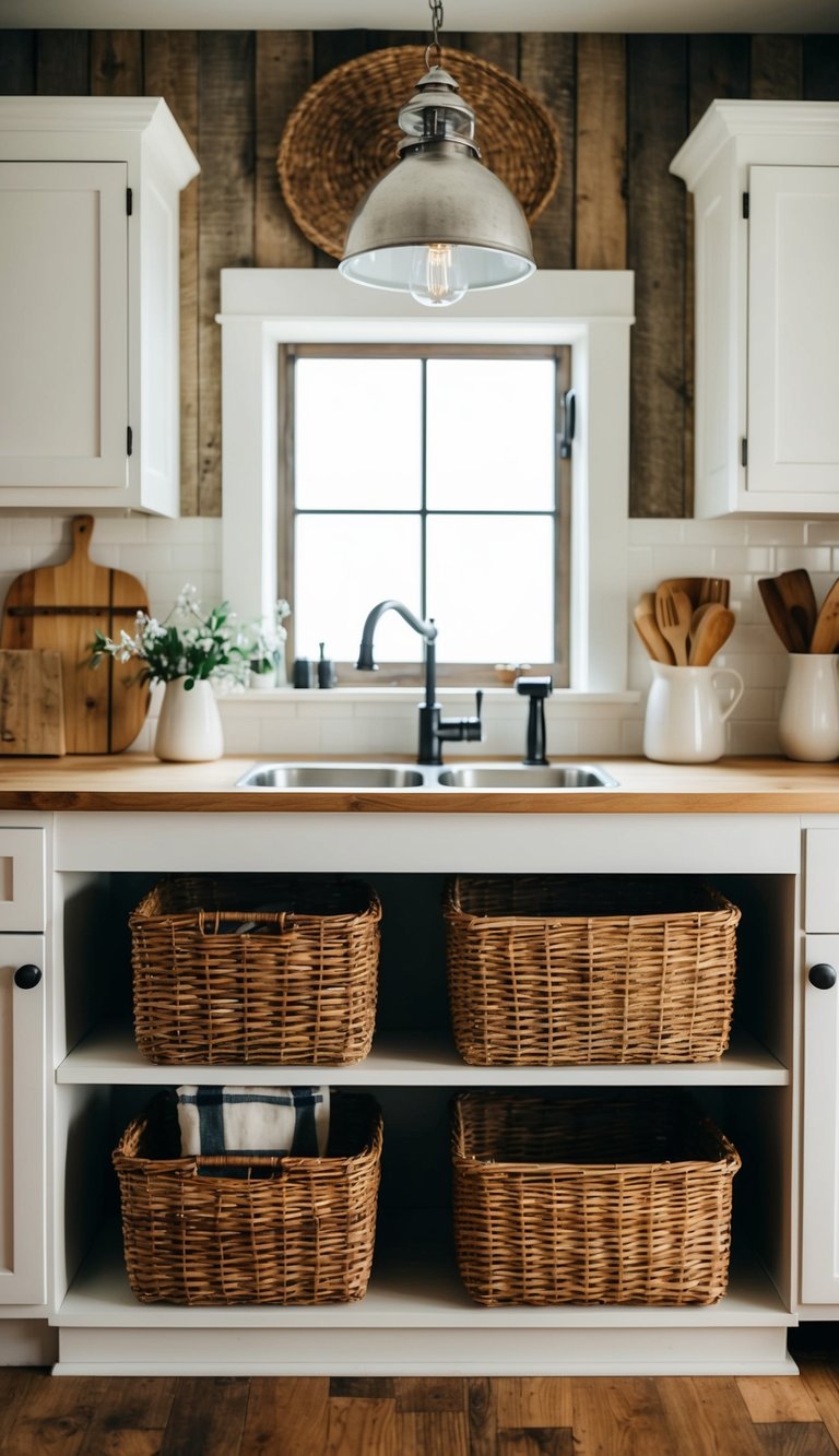 A rustic farmhouse kitchen with woven basket storage for a cozy and organized look