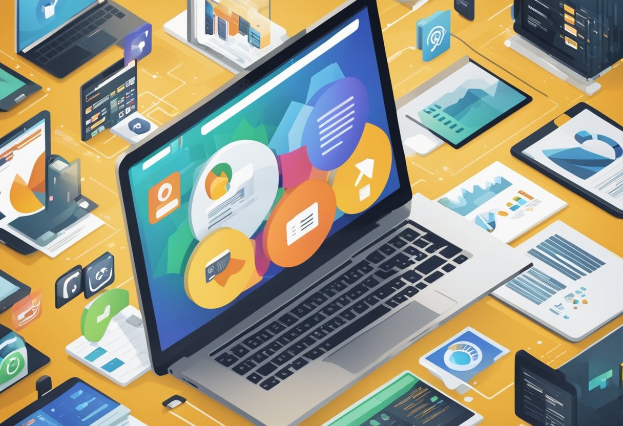 A laptop with a search engine results page displayed, surrounded by various digital marketing icons and symbols