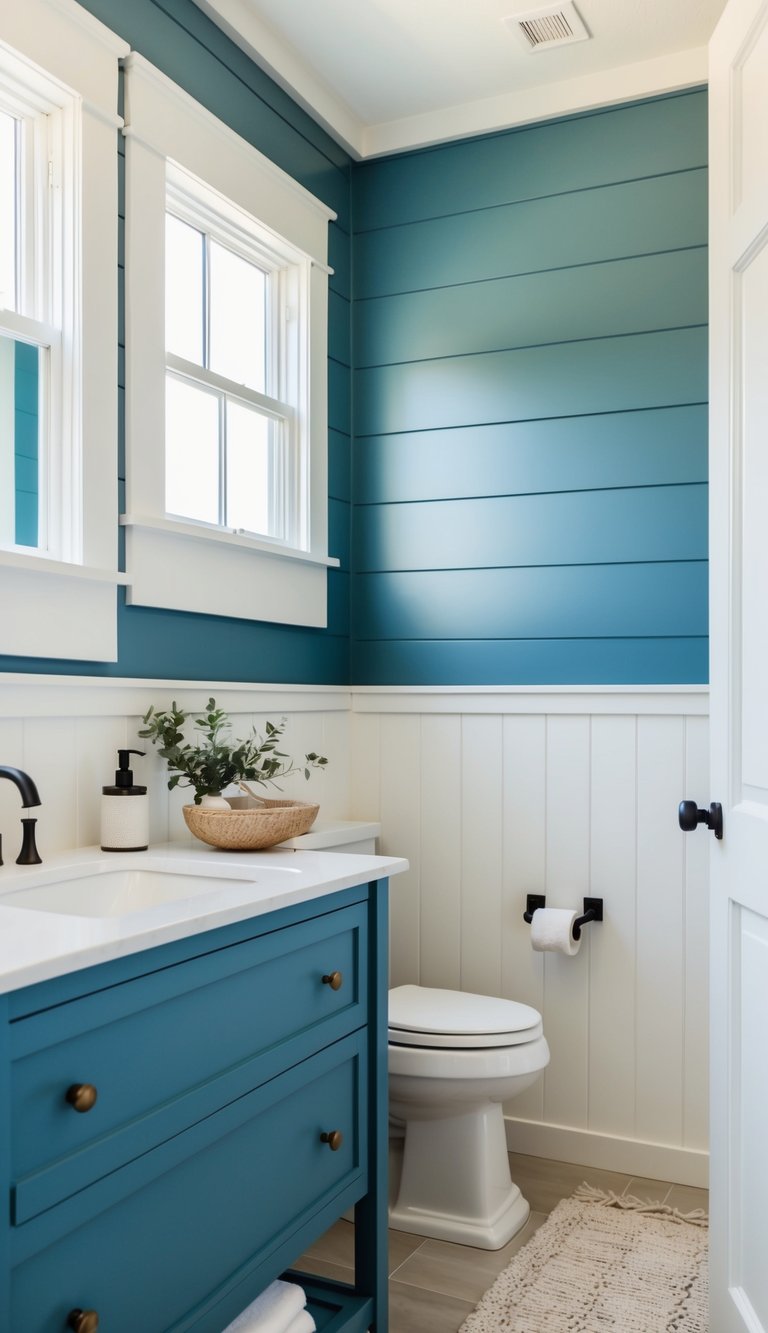 A serene bathroom with blue painted shiplap walls, accented with white fixtures and natural wood elements