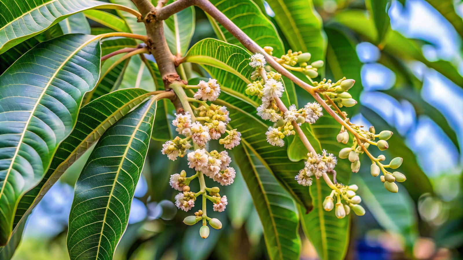 flores de Mangueira com frutos maduros entre folhas verdes.