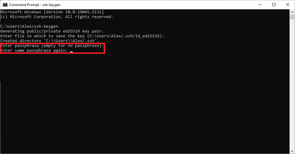 Screenshot of passphrase prompt when running ssh-keygen utility in Windows Command Prompt