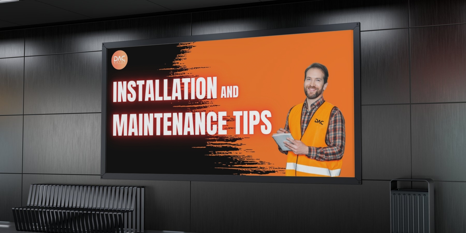 A digital billboard displaying "Installation and Maintenance Tips," featuring a smiling technician in an orange safety vest, providing insights on digital display installation in Qatar.
