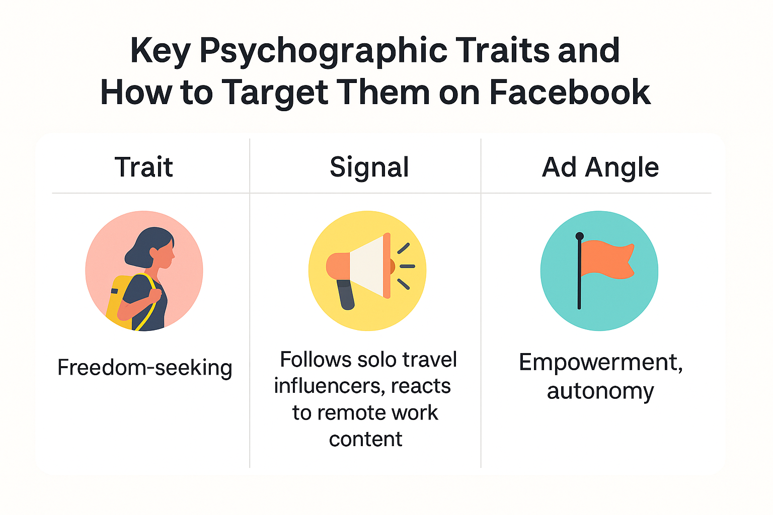 Infographic showing how to target freedom-seeking audiences on Facebook using psychographic traits, with icons for trait, signal, and ad angle