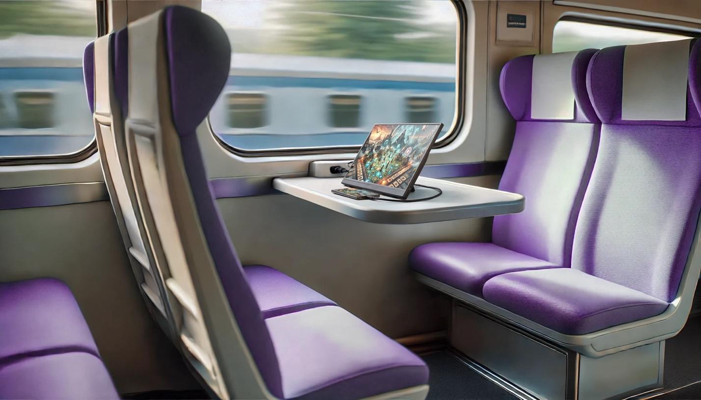 A computer on a table in a train

Description automatically generated