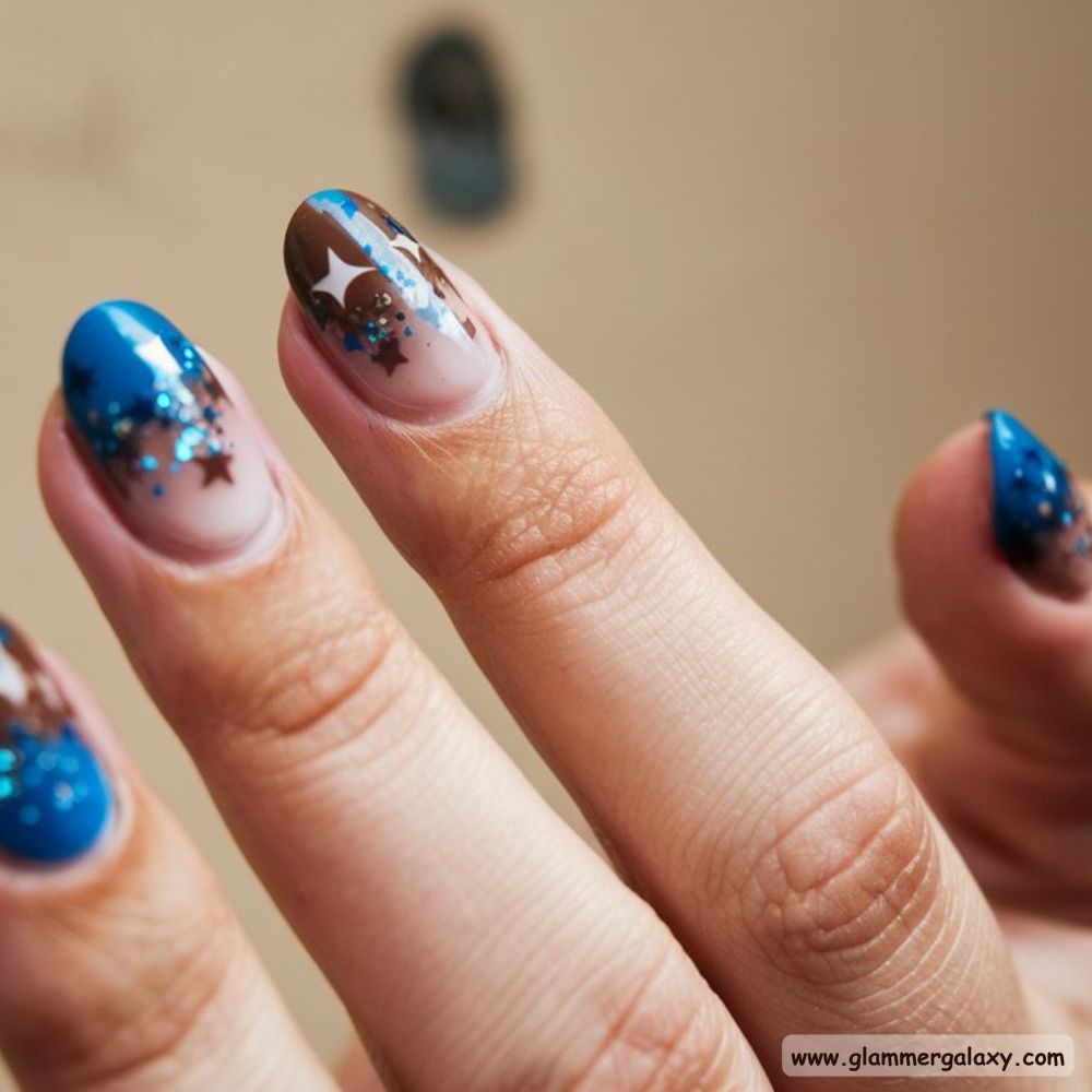 Blue and Brown Nails with Celestial Starry Nails