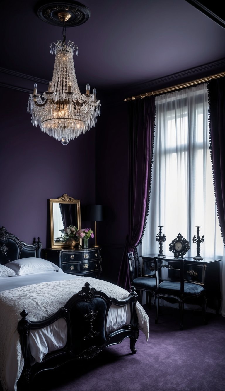 A dimly lit bedroom with deep purple walls, velvet curtains, and ornate black furniture. A crystal chandelier casts eerie shadows