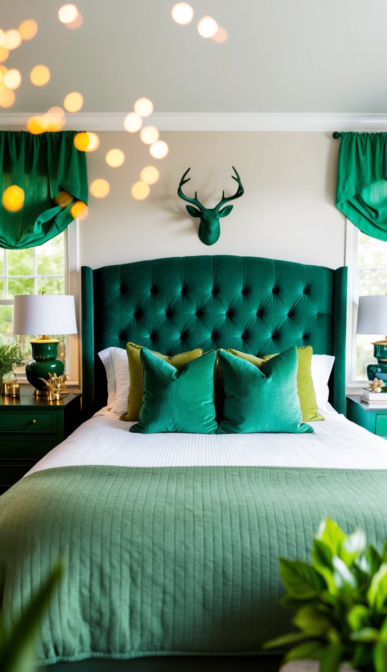 A cozy bedroom with a hunter green headboard, surrounded by various shades of green decor and accents