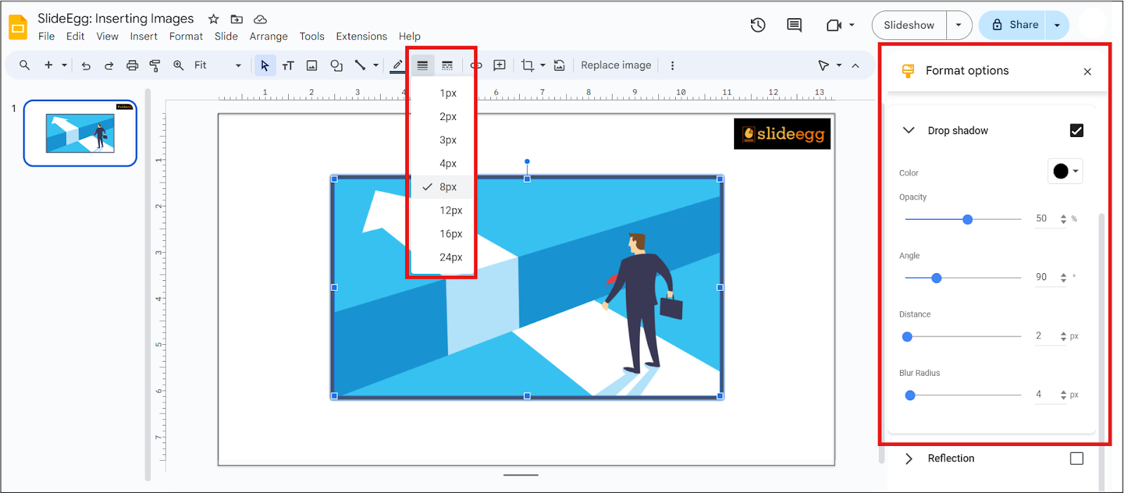 Borders and Shadow option in Google Slides to change the border color, width, and drop shadow.