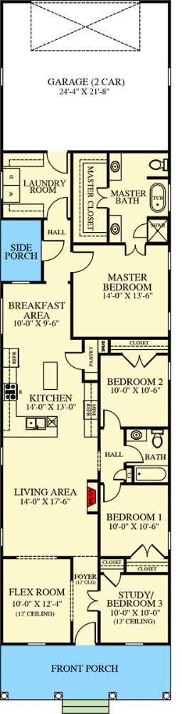 Main level floor plan of a 4-bedroom single-story exclusive cottage home with front and side porches, foyer, living area, kitchen, breakfast area, flex room, and laundry room leading to the rear garage.