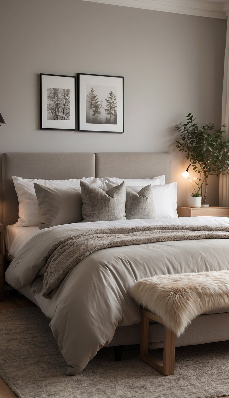 A serene bedroom with neutral wallpaper, soft lighting, and minimal decor. Peaceful ambiance with a cozy bed and simple furnishings