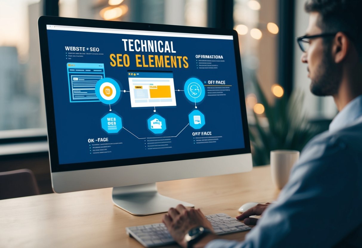 A computer screen displaying a website's technical SEO elements, with various on-page and off-page optimization factors highlighted and labeled