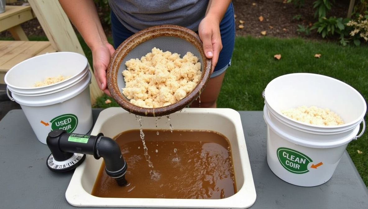 A person sifting and rinsing used coco coir grow media in a tub, preparing it for reuse, with labeled buckets of clean and used coir on the table.