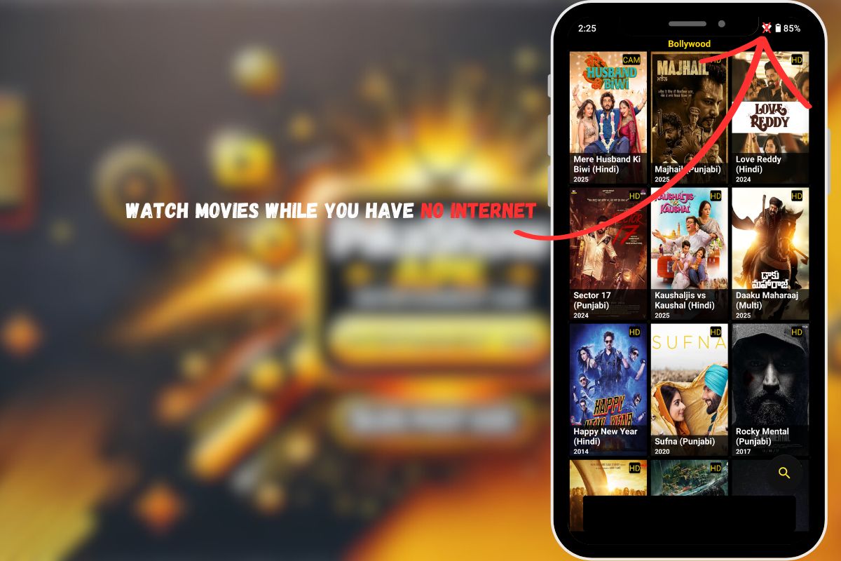 Mobile screen showcasing Pikashow app with a message highlighting offline movie watching without internet.