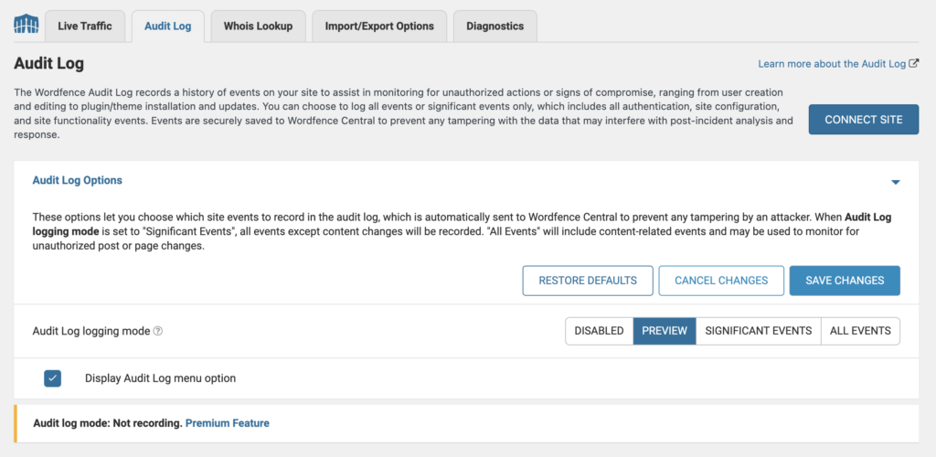 Wordfence audit log