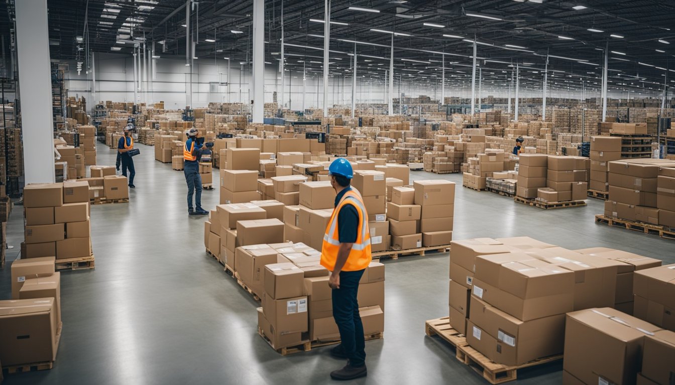 A busy Amazon warehouse with workers packaging products while watching TikTok on their phones. Products are labeled with TikTok Shop tags