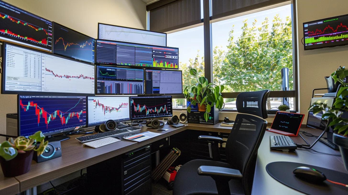 a modern, sleek office workspace is filled with multiple screens displaying colorful graphs, keyword analytics, and digital marketing tools, emphasizing the strategic mastery of keyword research for content creation.