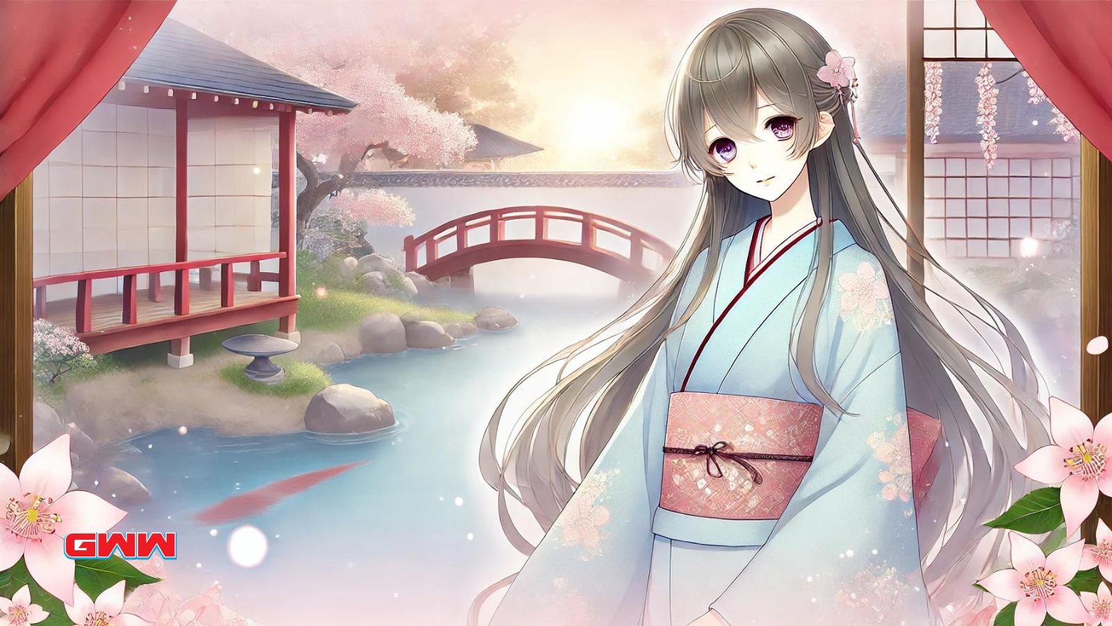 A serene and beautiful anime-inspired scene featuring a young girl in a traditional Japanese setting