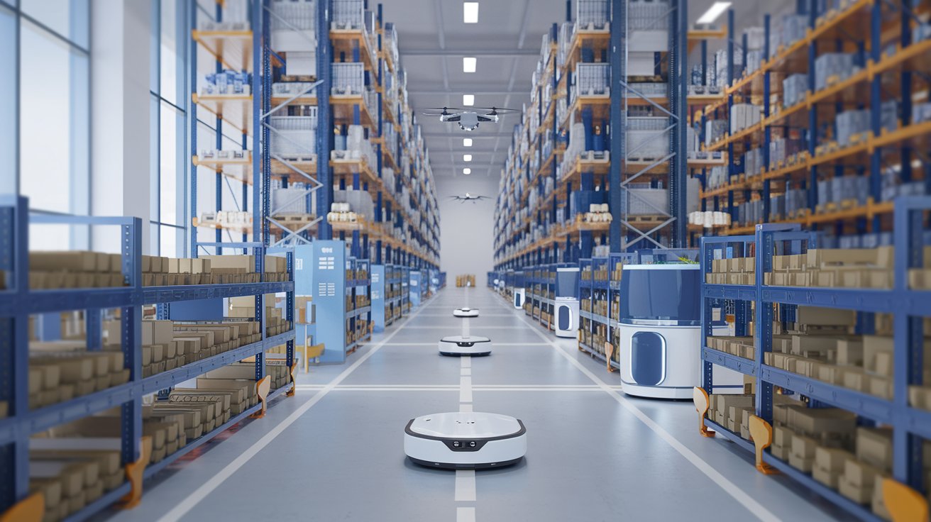 Smart warehouse with automated robots and drones managing inventory and fulfillment.