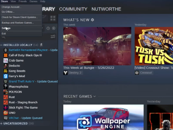 Steam settings menu