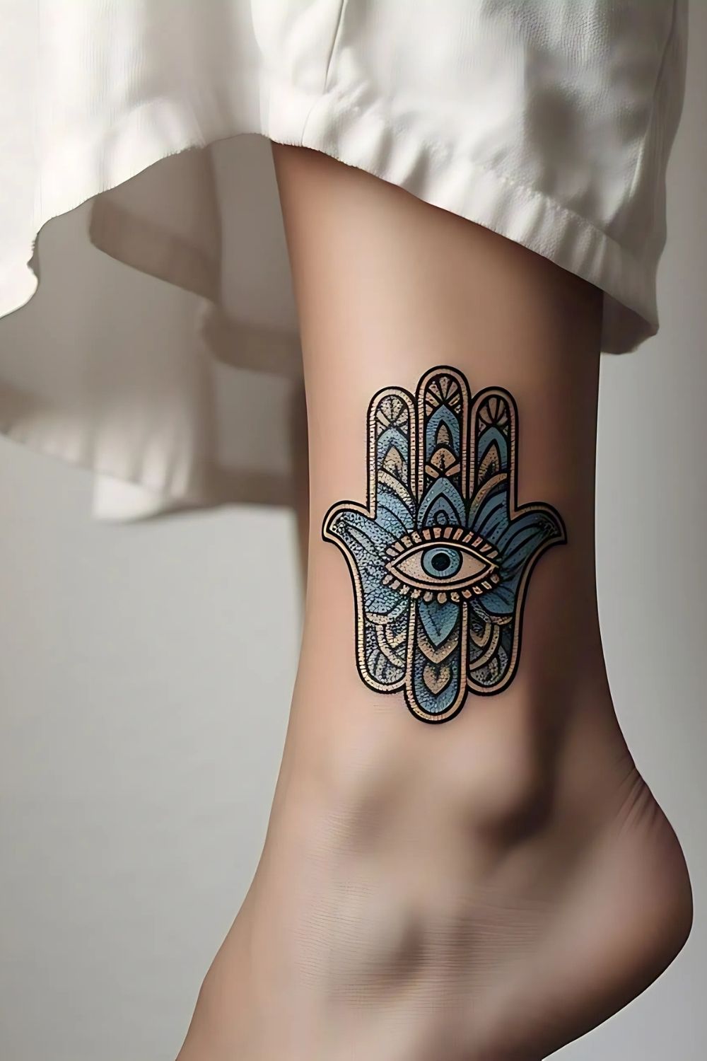 Hamsa Hand Ankle Tattoo