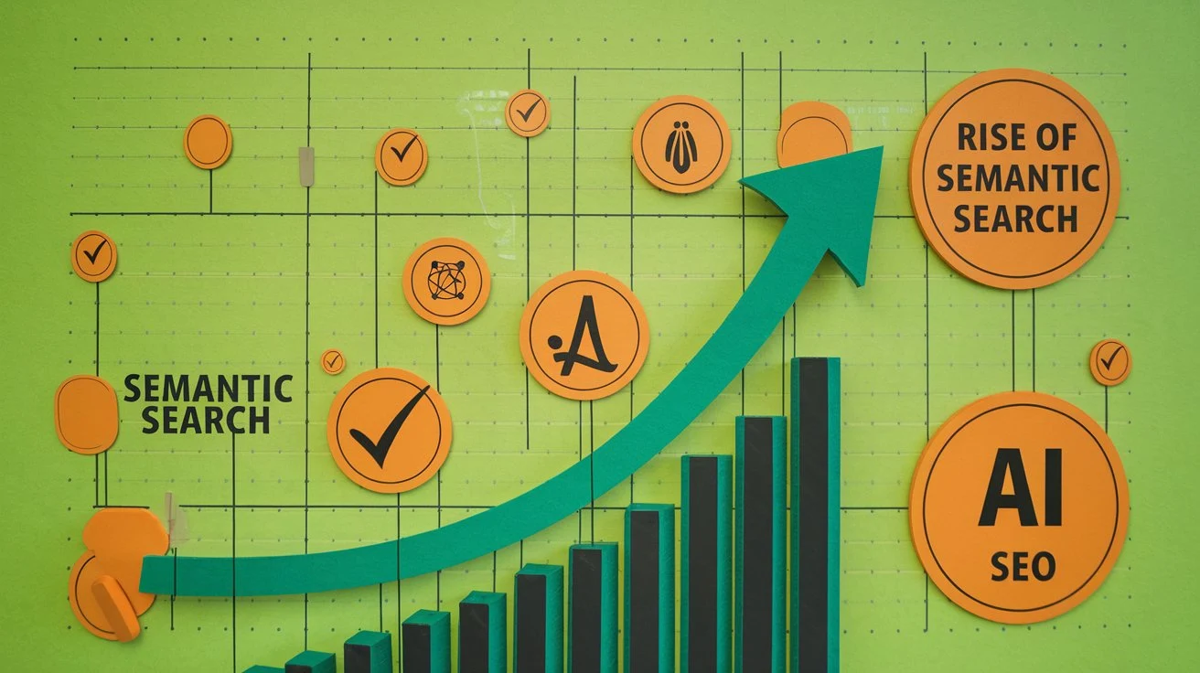 An infographic showing the importance of semantic search and AI in SEO, with colorful statistics and icons representing search trends.