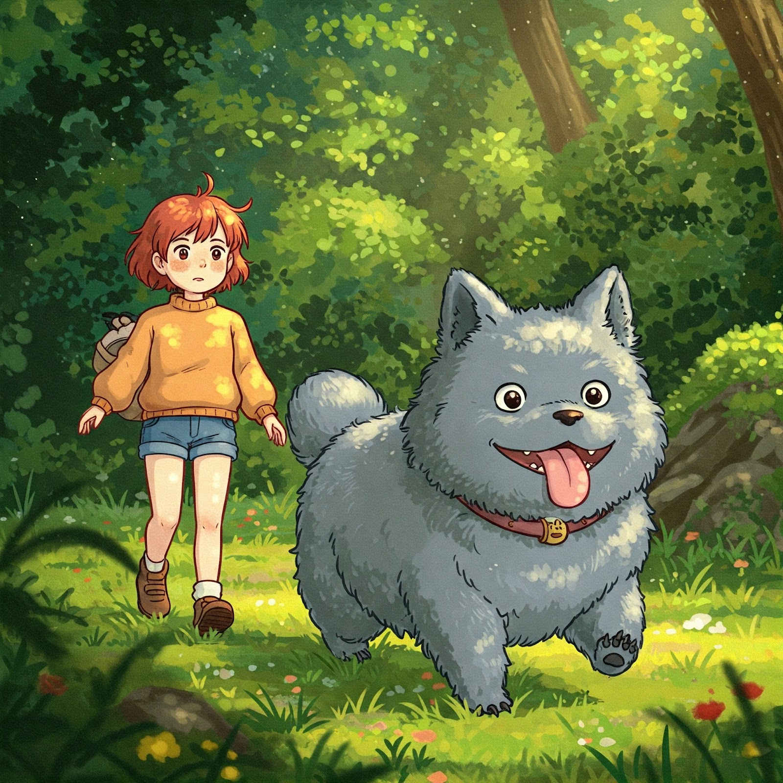 Studio Ghibli art style featuring a petite girl and a fluffy dog