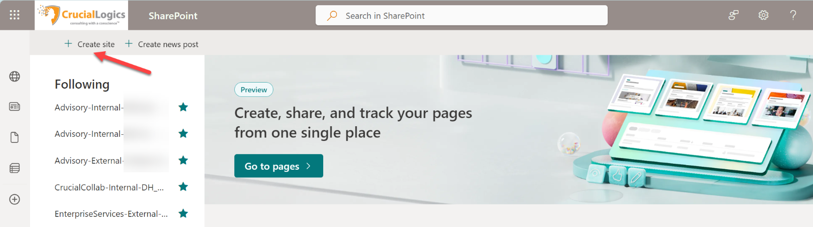 A screenshot of the SharePoint site navigation menu. Users can create various types of content, such as new sites and news posts, directly from this menu.