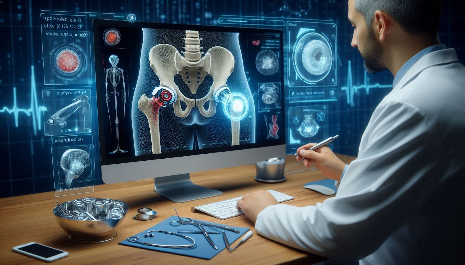 Doctor using AI in healthcare to analyze a 3D model of a patient's hip for precise bone removal or implant placement, improving orthopedic surgery outcomes.