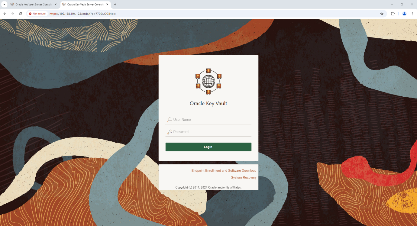 Oracle Key Vault Server Console - Login - Google Chrome