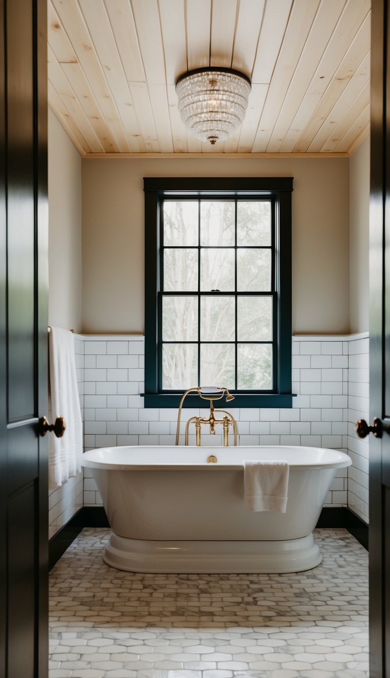 A cozy bathroom with a shiplap ceiling, a freestanding bathtub, and a large window with natural light streaming in