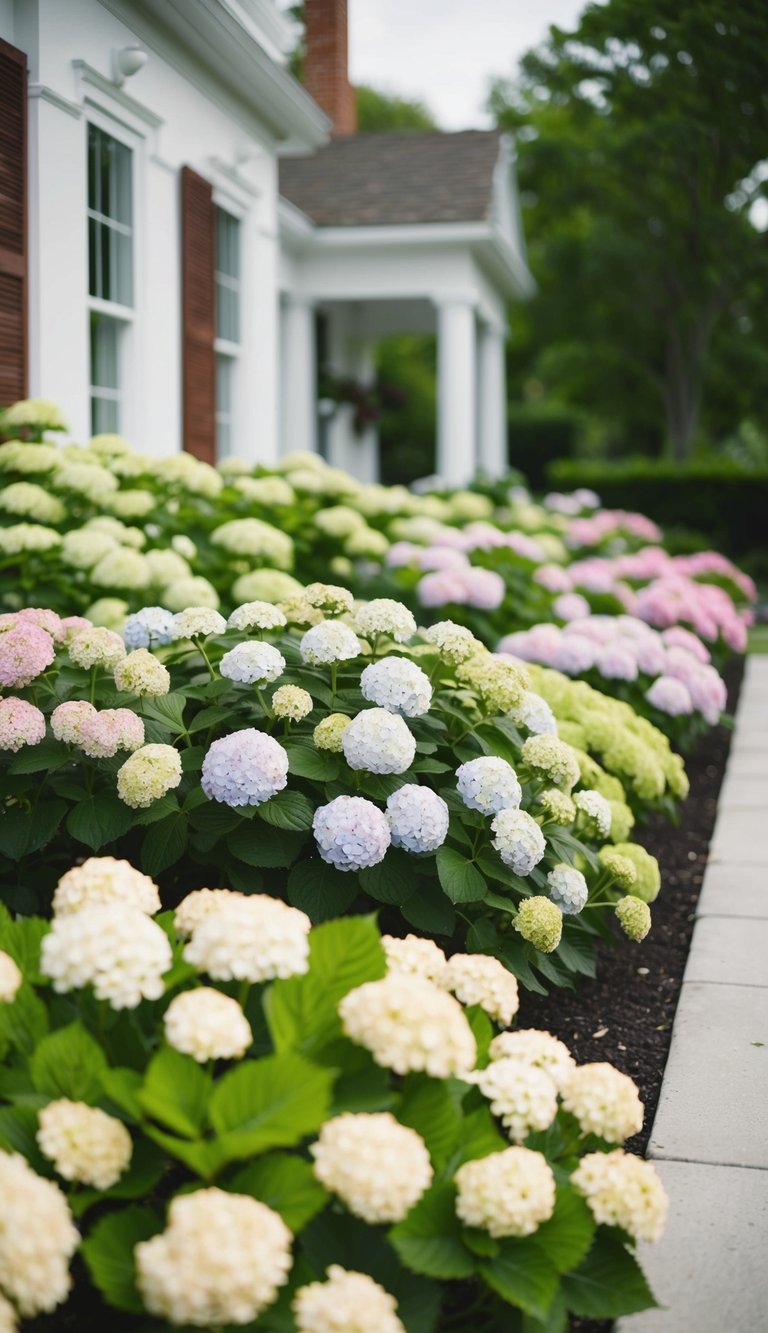 Twenty-one hydrangea flower beds line the front of the house