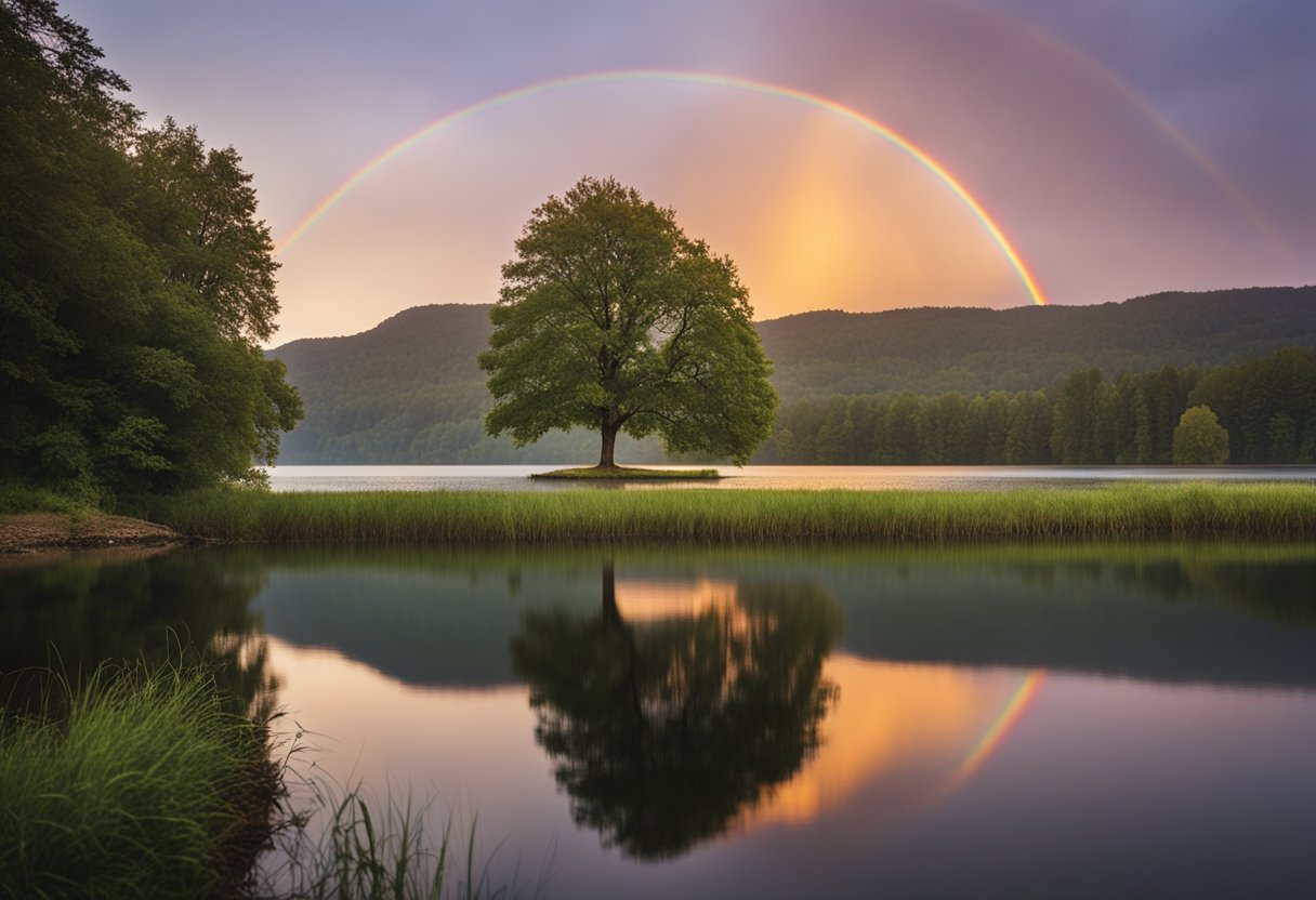 A serene sunrise over a calm lake, with a rainbow in the sky and a tree in the foreground