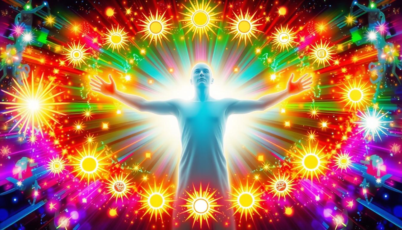 An image of a person surrounded by glowing symbols and colors that represent the power of positive affirmations. The person should be glowing with a sense of confidence and well-being, with their arms outstretched as if embracing the abundance that positive thoughts can bring. The symbols and colors should be bright and energetic, representing the boundless potential of the human mind and the limitless opportunities that await those who focus on the positive. Think of vibrant sunbursts, sparkling stars, and joyful rainbows, all converging on the figure at the center of the image. This should be a celebration of the limitless power of positive thinking and a joyful expression of the boundless possibilities that lie within us all.