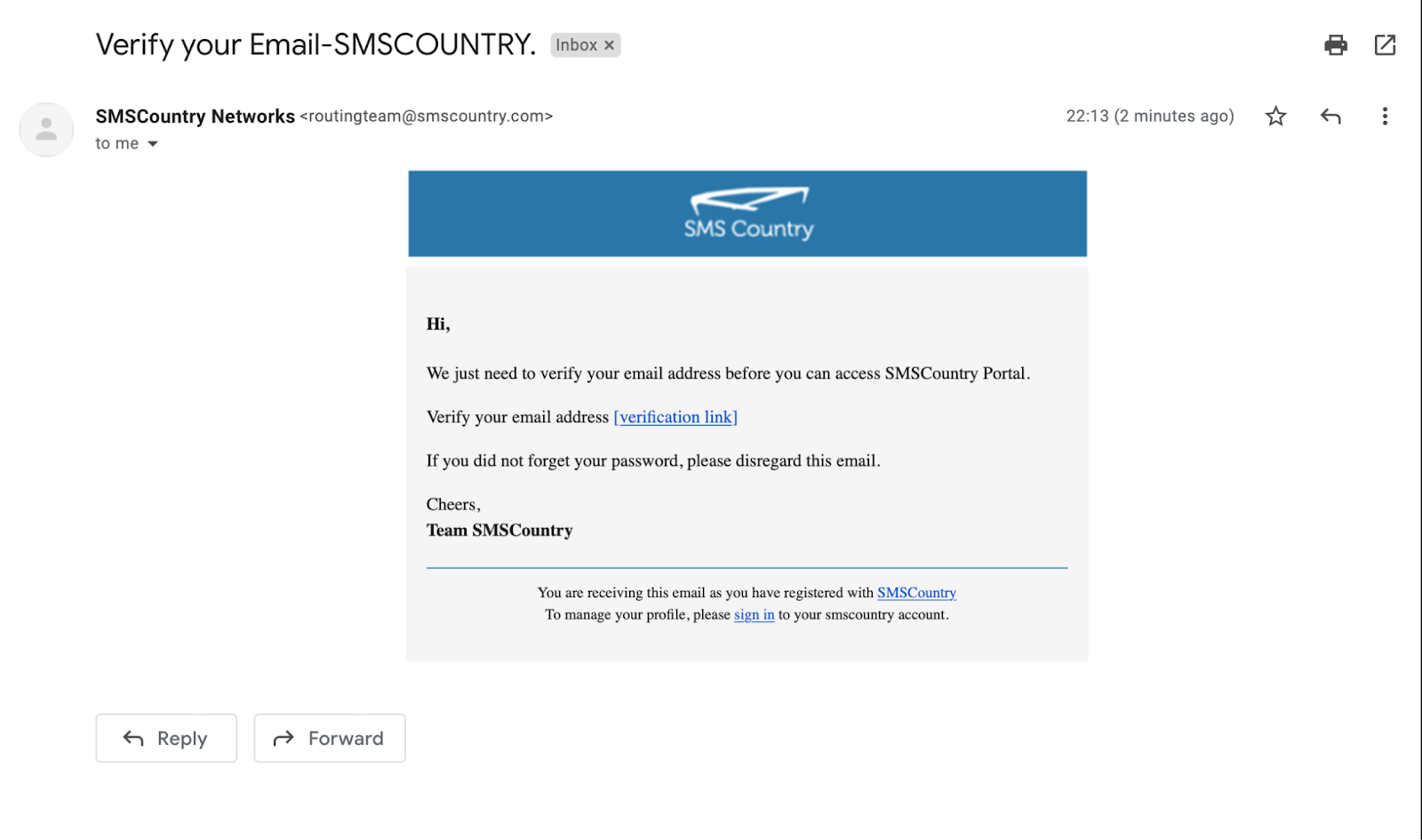 Verification email after signing up on SMSCountry website