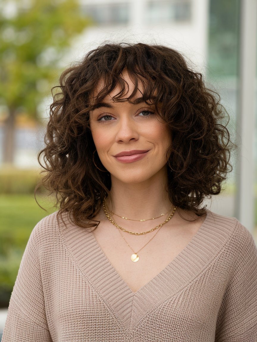 7. Natural Curls with Bangs