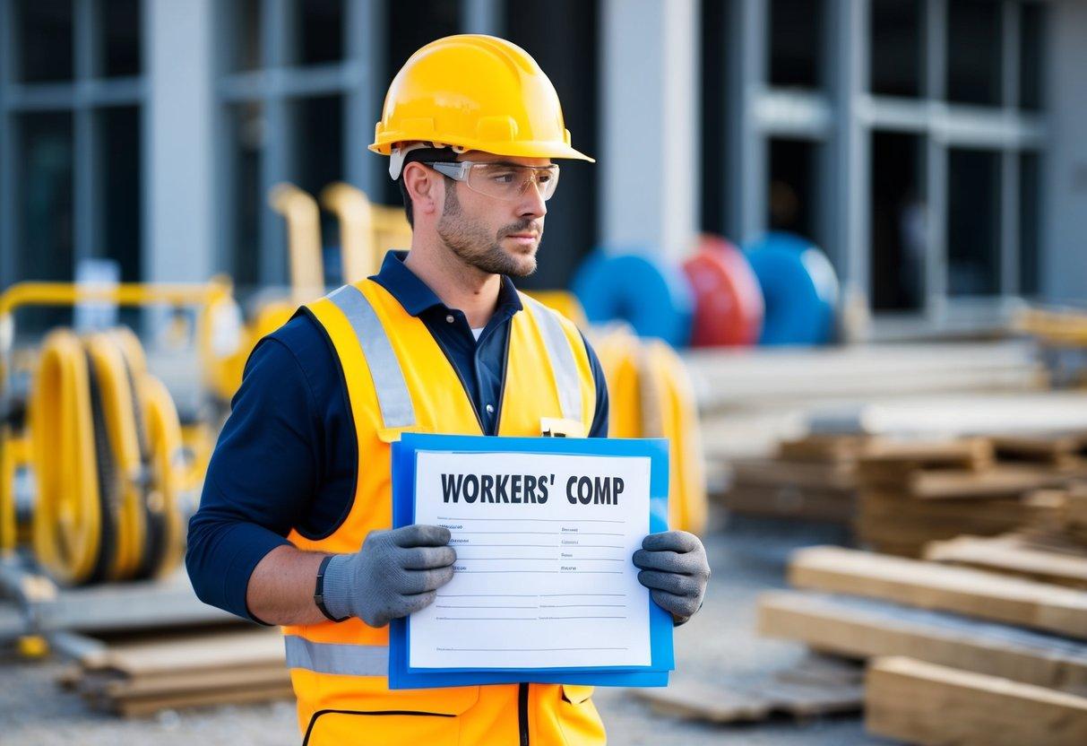 A worker in a hard hat at a construction site, holding a document labeled "Workers' Comp" with various safety equipment in the background