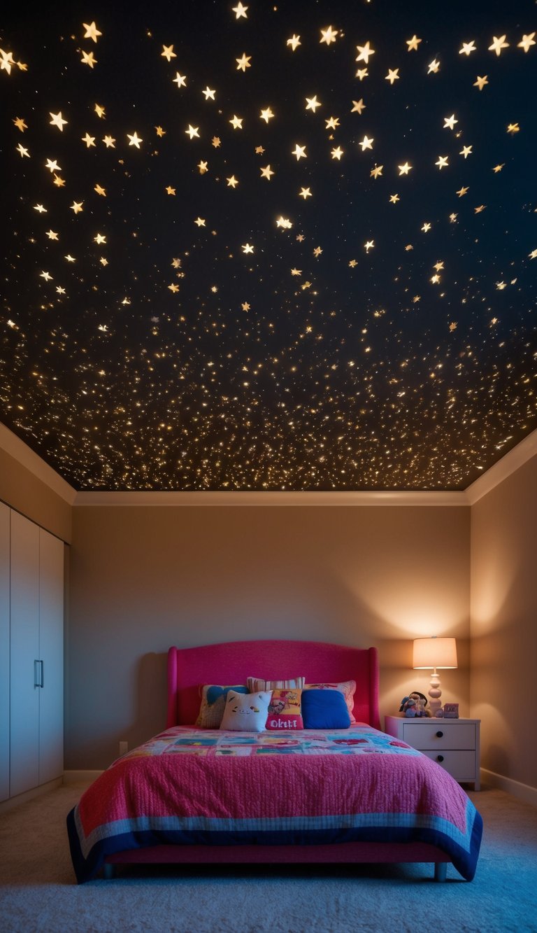 A child's bedroom with a dark ceiling covered in glowing stars