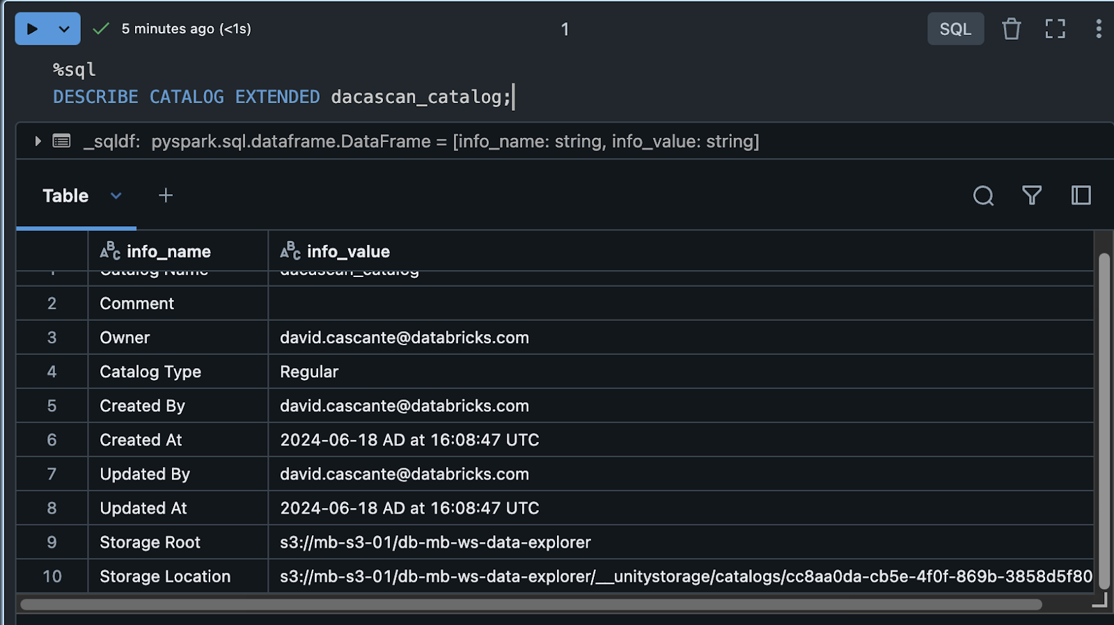 Screenshot showing example results of running the sample code. The Storage Root and Storage Location values are present in the results.