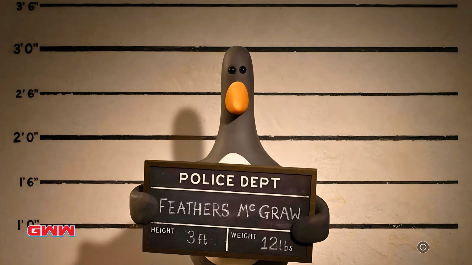 Feathers McGraw, the penguin, in a police lineup holding a sign.