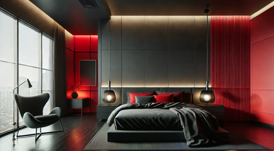 Dramatic bedroom with a bold black and red color scheme, filled with intrigue.