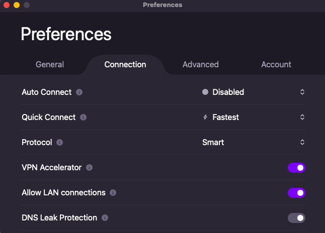 Proton VPN preferences menu 