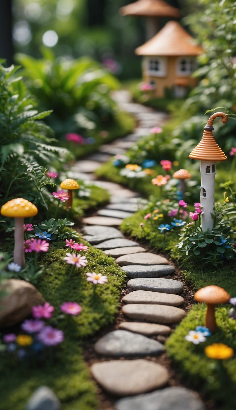 A winding path of stepping stones leads through a lush backyard fairy garden, with tiny houses, colorful flowers, and whimsical decorations scattered throughout