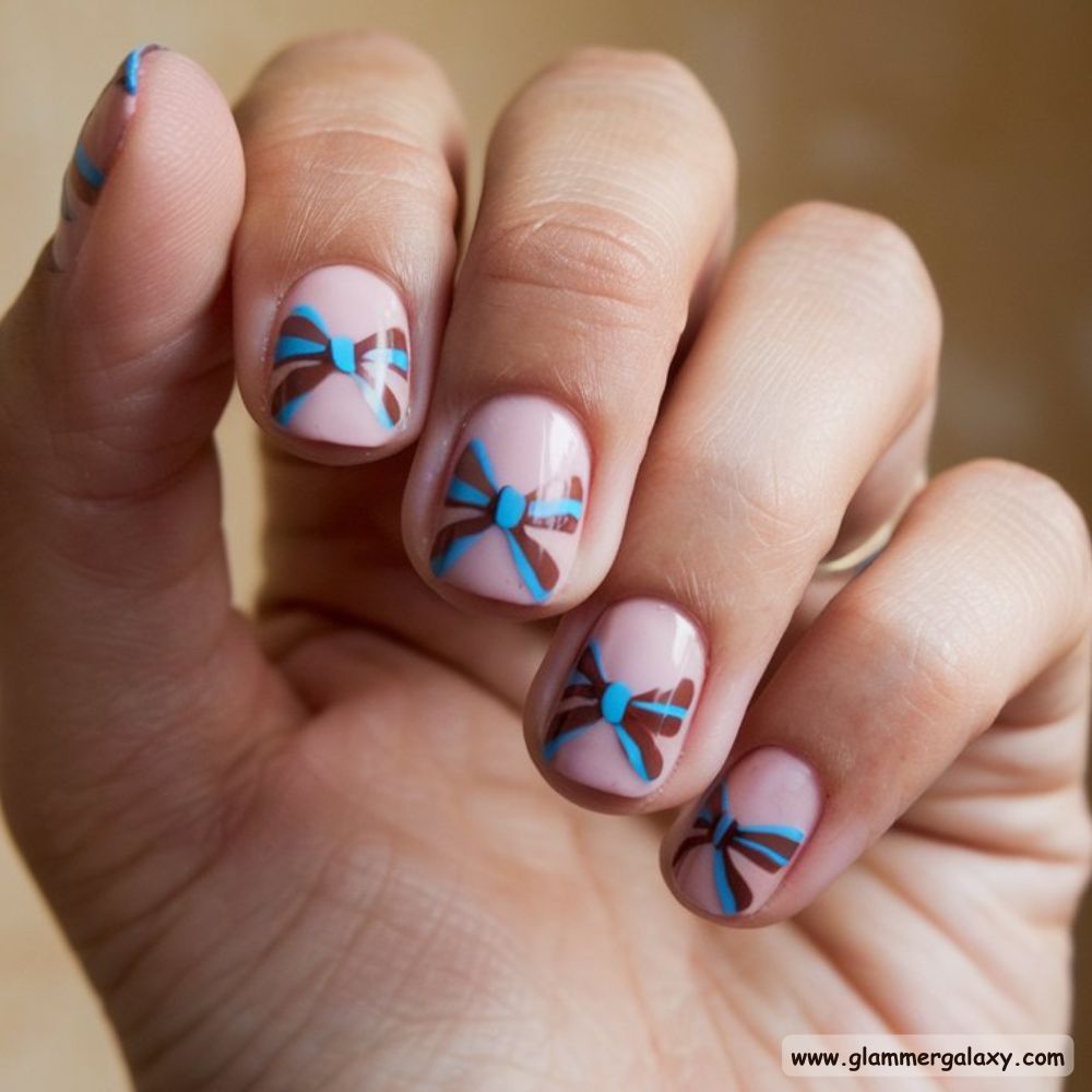 Blue and Brown Nails with Charming Coquette Bows