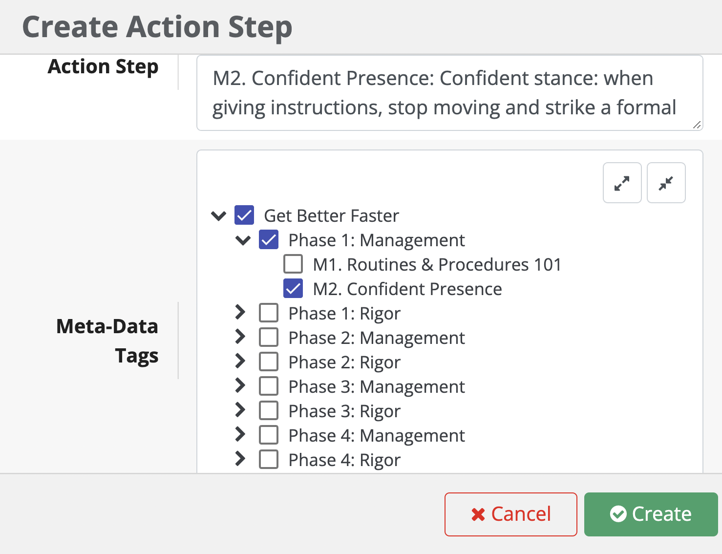 Screenshot of creating a SchoolMint Grow action step after the user has selected one from the dropdown; the user is then prompted to choose meta-data tags