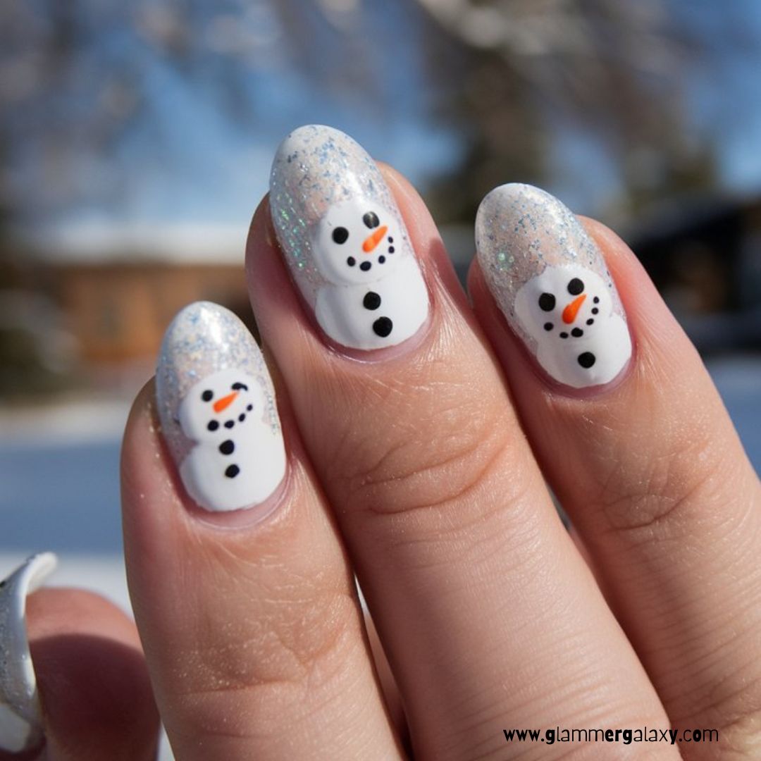 Christmas holiday Nails having Snow & Snowman Designs
