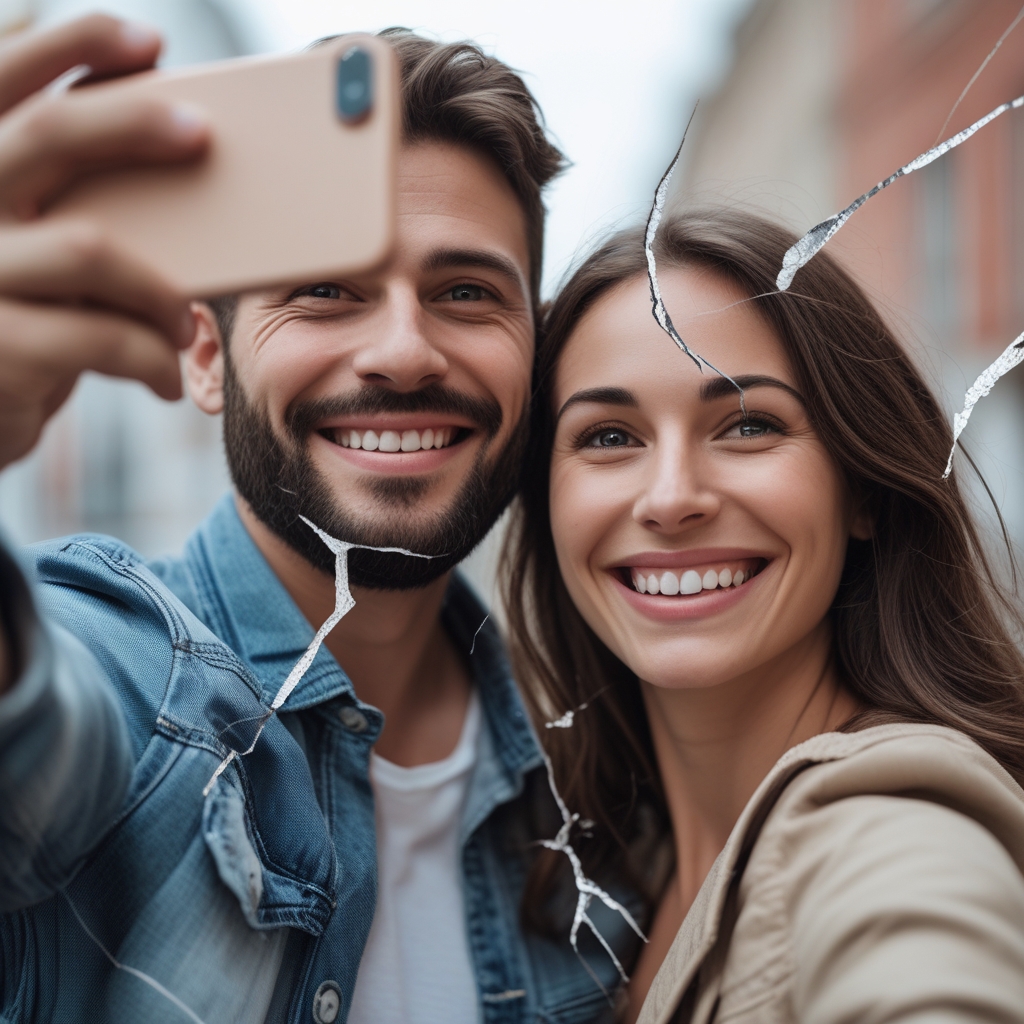 A couple taking a smiling selfie with cracks starting to show in the frame