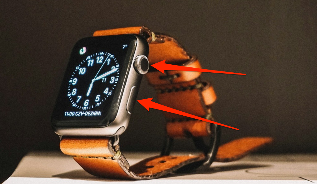 Illustration highlighting an Apple Watch's Side button and Digital Crown